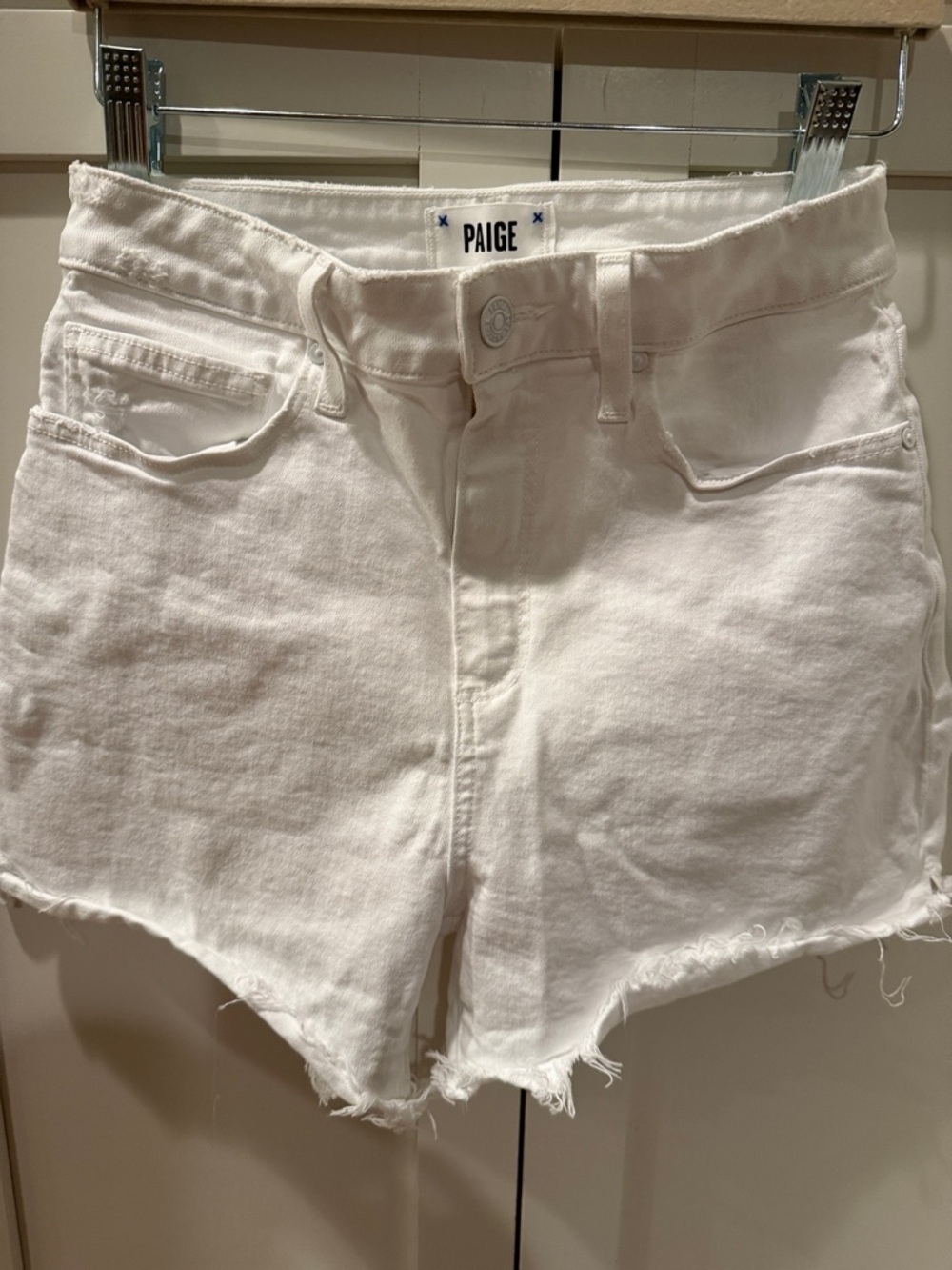 PAIGE White Raw Hem Denim Shorts